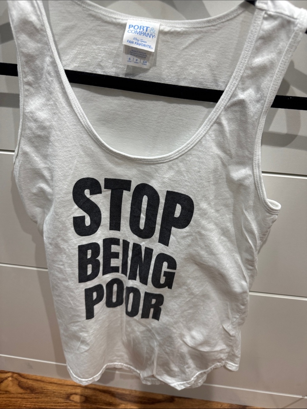 Port and Company White Tank Top with Black "STOP BEING POOR" Graphic